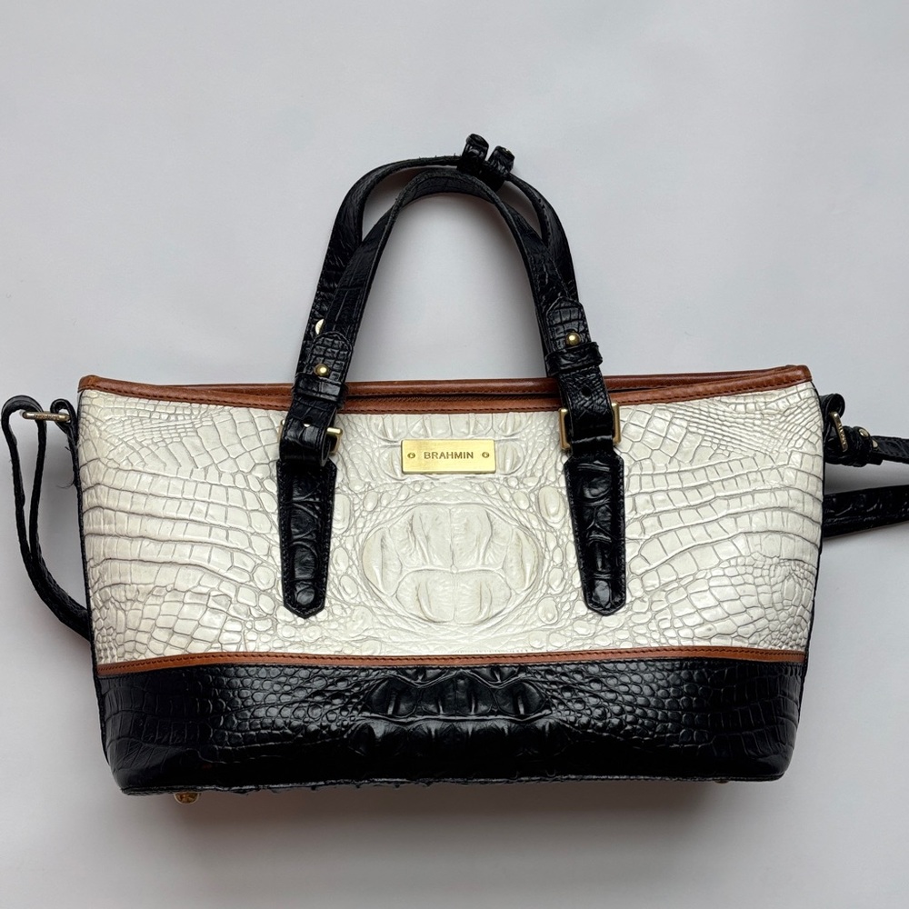 Brahmin Black and Cream Croc Satchel
